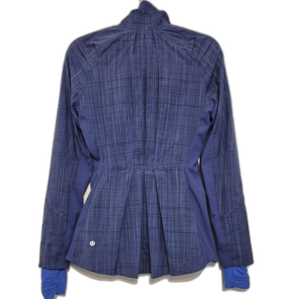 Lululemon Ahead of the Curve Jacket 4 Blue Plaid Pleated Peplum Running Ruffle